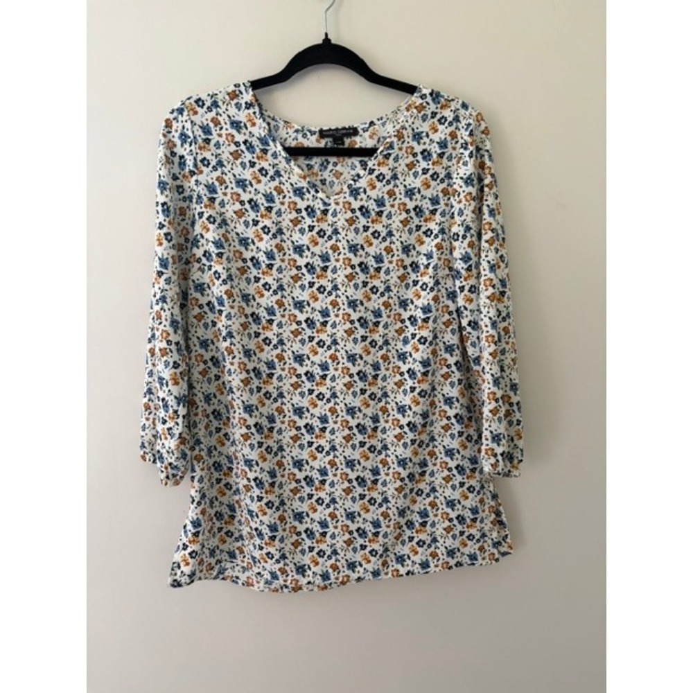 Mario Serrani Italy Womens Small Floral V-Neck 3/4 Sleeve Blouse Blue Orange Wht
